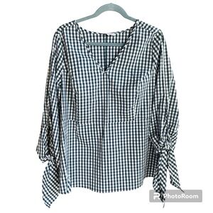 J. Crew Navy and White Gingham Tie-Sleeve Blouse